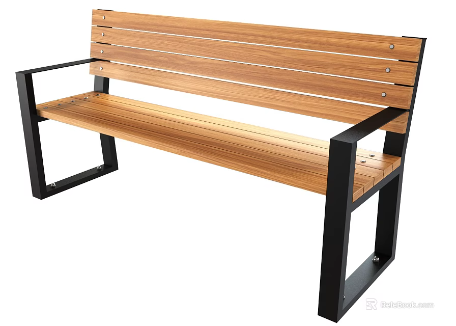 Wooden Slat Outdoor Bench With Black Metal Frame And Durable Design 3d model 