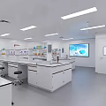 Modern Bright Laboratory Interior With Workbenches Stools Cabinets And Lights 3d model