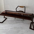 Classic Guqin Instrument on Wooden Table with Chair Gray Wall Light Floor and Green Plant