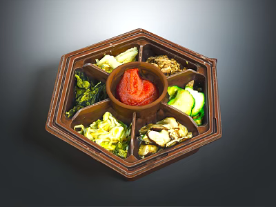 Traditional Assorted Side Dishes in Octagonal Wooden Container with Red Sauce and Fresh Vegetables 3d model