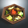 Traditional Assorted Side Dishes in Octagonal Wooden Container with Red Sauce and Fresh Vegetables