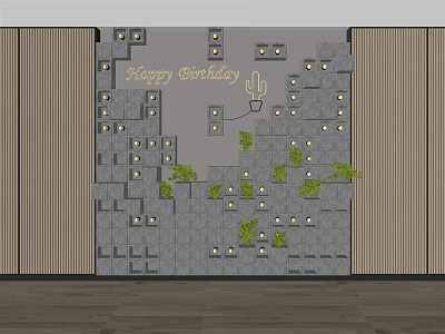 Green Plant Wall With Happy Birthday Lettering And Decorative Lights 3d model