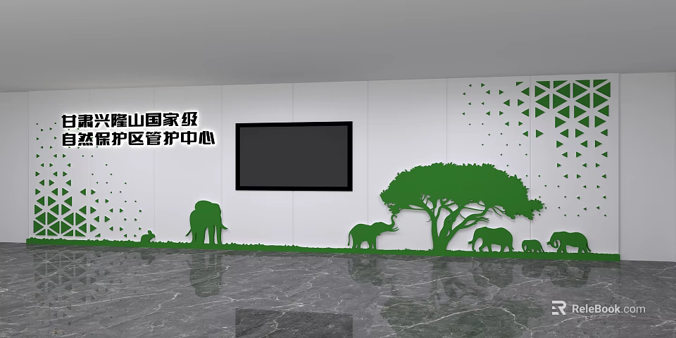 Office Corridor Interior With Green Animal Silhouettes Tree Large Screen And Marble Floor 3d model 