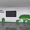 Office Corridor Interior With Green Animal Silhouettes Tree Large Screen And Marble Floor