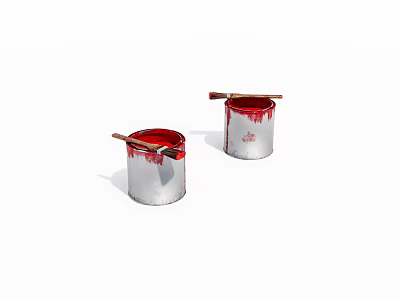 Two White Paint Cans With Red Paint And Brushes On Top 3d model
