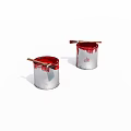 Two White Paint Cans With Red Paint And Brushes On Top