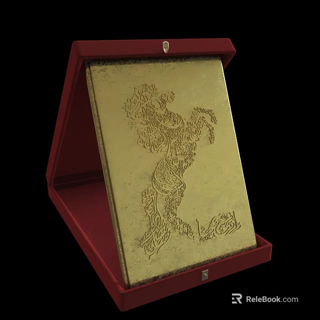 Exquisite Golden Jewelry Piece Featuring Intricate Engraved Design In Red Open Box 3d model 