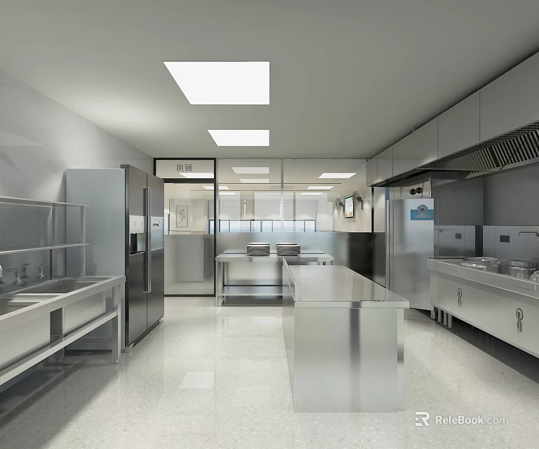 Modern Commercial Restaurant Kitchen Interior With Stainless Steel Countertops Cabinets And Bright Lighting 3d model 
