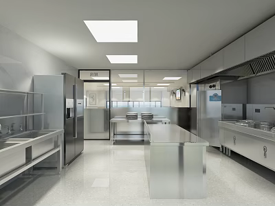 Modern Commercial Restaurant Kitchen Interior With Stainless Steel Countertops Cabinets And Bright Lighting 3d model