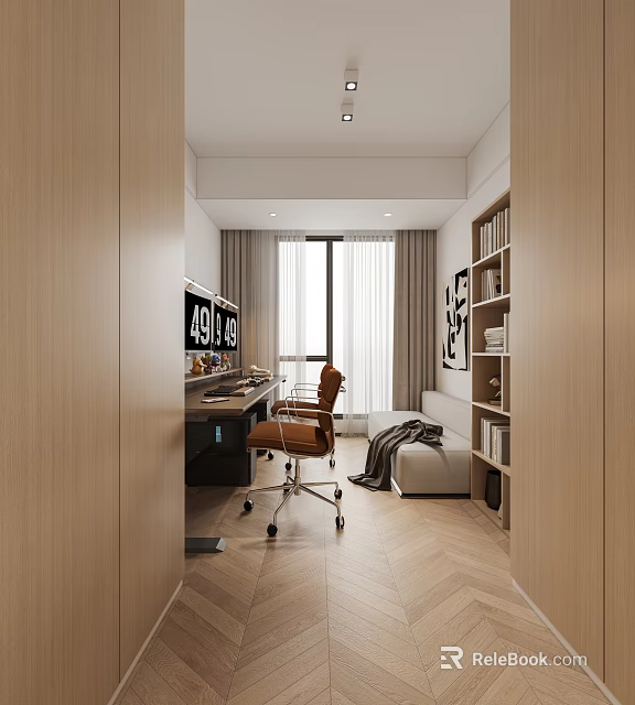 Modern Study Room Interior With Wooden Desk Chair Bookshelf Bench And Natural Light 3d model 