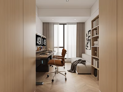Modern Study Room Interior With Wooden Desk Chair Bookshelf Bench And Natural Light 3d model