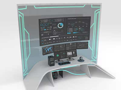 High Tech Computer Workstation With Multiple Control Monitors And Illuminated Neon Line Design 3d model