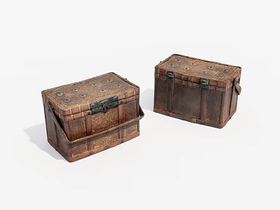 Two Vintage Brown Wooden Storage Boxes With Metal Locks And Handles 3d model