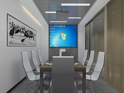 Modern Conference Room With Long Table White Chairs Large Screen And Wall Painting 3d model