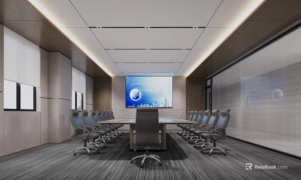 Modern Spacious Conference Room Interior With Long Table Rolling Chairs And Large Digital Screen 3d model