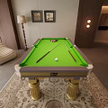 Elegant Green Felt Billiard Entertainment Table With Golden Legs Wooden Cabinets And Decorative Wall Art