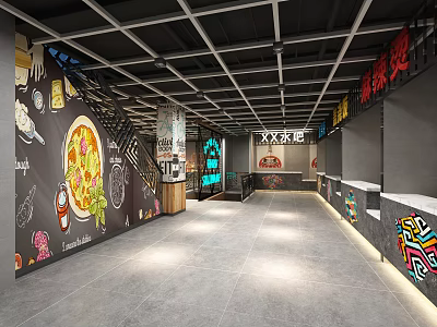 Vibrant Restaurant Interior With Hand Painted Food Murals Staircase And Open Space 3d model