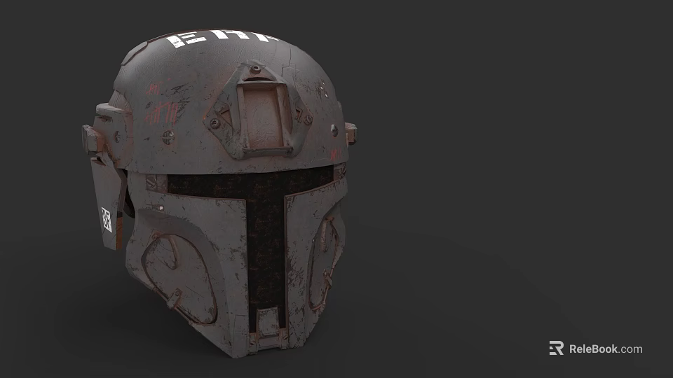 Sci Fi Combat Weapon Helmet With Worn Rusty Surface And FETT Lettering 3d model 