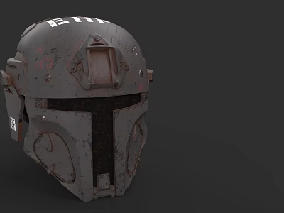 Sci Fi Combat Weapon Helmet With Worn Rusty Surface And FETT Lettering 3d model