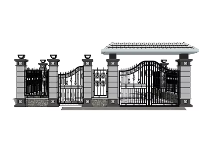 Decorative Wrought Iron Entrance Gate With Stone Pillars And Tile Roof 3d model
