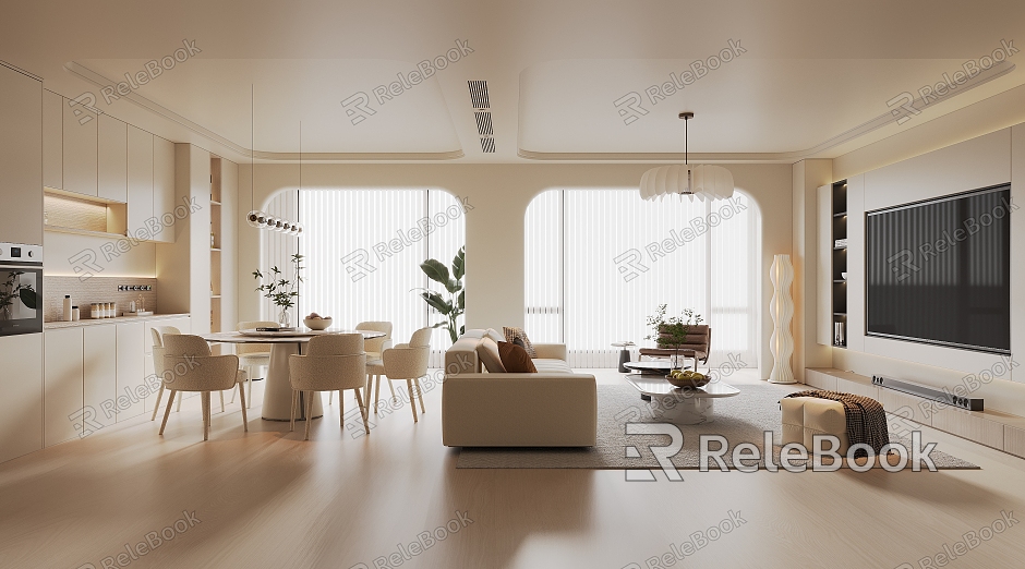 Cream Style Home Living Room Sofa Coffee Table Combination TV Background Wall Dining Table and Chair Combination Cabinet Wine Cabinet Chandelier Leisure Chair Green Planting Venetian Blinds model