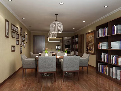 Modern Tea Room Interior With Pendant Lights Bookshelves And Wooden Tables 3d model