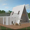 White Gabled Roof Guesthouse With Glass Windows Wooden Deck Outdoor Seating And Trees