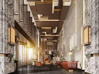Modern Elegant Hotel Lobby With Marble Walls Wooden Ceiling Warm Lighting And Reception Desk 3d model