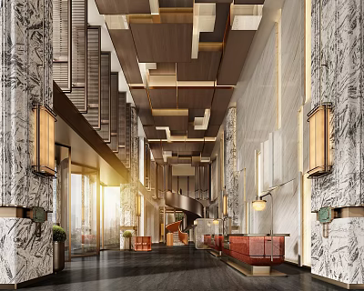 Modern Elegant Hotel Lobby With Marble Walls Wooden Ceiling Warm Lighting And Reception Desk 3d model