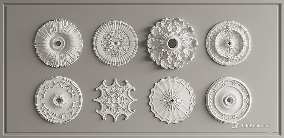 White Decorative Ceiling Medallions With Various Ornate Designs For Interior Lighting 3d model 