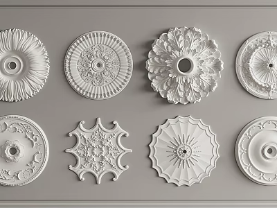 White Decorative Ceiling Medallions With Various Ornate Designs For Interior Lighting 3d model