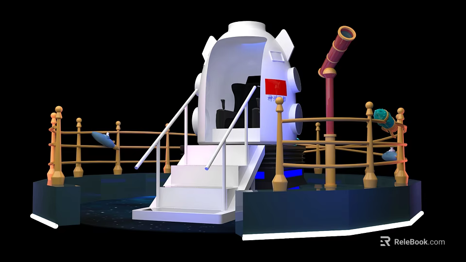 Adventure Themed White Structure With Steps Golden Railings And Red Telescope 3d model 