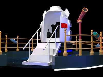 Adventure Themed White Structure With Steps Golden Railings And Red Telescope 3d model