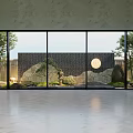 Modern Garden Landscape View Through Large Windows With Stone Wall Moon Design And Trees