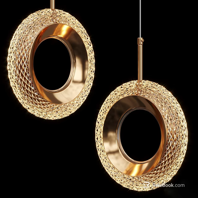 Two Golden Ring Shaped Ceiling Lights With Intricate Woven Texture Design 3d model 