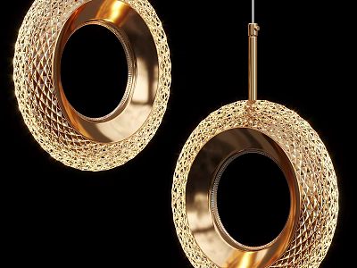 Two Golden Ring Shaped Ceiling Lights With Intricate Woven Texture Design 3d model