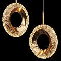 Two Golden Ring Shaped Ceiling Lights With Intricate Woven Texture Design 3d model