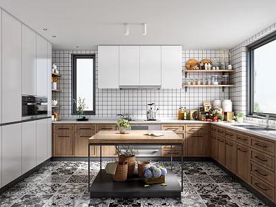 Modern Kitchen Interior Design With White And Wooden Cabinets Island Counter And Patterned Tile Floor 3d model