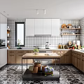 Modern Kitchen Interior Design With White And Wooden Cabinets Island Counter And Patterned Tile Floor