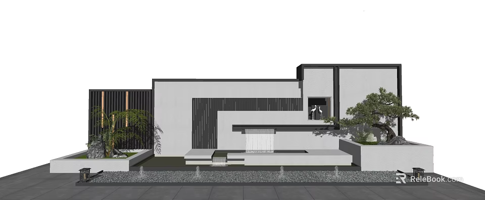 Modern Feature Wall Design With Water Feature Green Plants And Bench In Architectural Exterior 3d model 