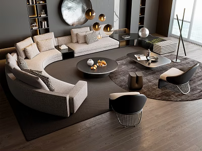 Modern Curved Sofa And Round Coffee Table Set In Stylish Living Room With Decorative Elements 3d model
