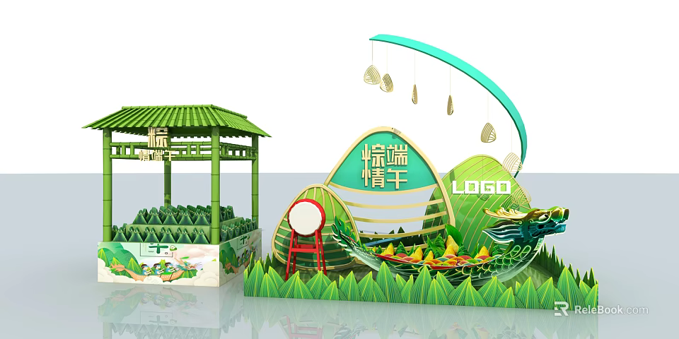 Traditional Dragon Boat Festival Decorations With Green Pavilion And Zongzi 3d model 