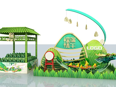 Traditional Dragon Boat Festival Decorations With Green Pavilion And Zongzi 3d model