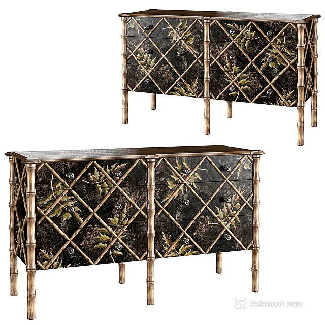 Elegant Entryway Side Cabinet With Bamboo Frame And Floral Pattern Design 3d model