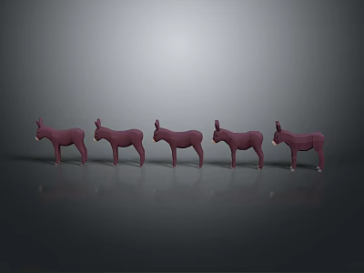 Five Purple Donkey Models Standing in a Line on Dark Surface 3d model