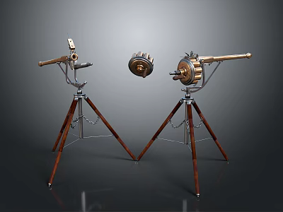 Antique Weapons Featuring Wooden Tripod Stands And Metal Barrels With Central Component 3d model