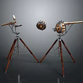 Antique Weapons Featuring Wooden Tripod Stands And Metal Barrels With Central Component