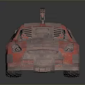 Red Modified Car With Rusty Metal Plates And Roof Mounted Weapon
