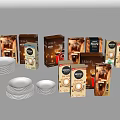 Coffee Themed Decorative Ornament Set With Boxes Cups And Striped Plates