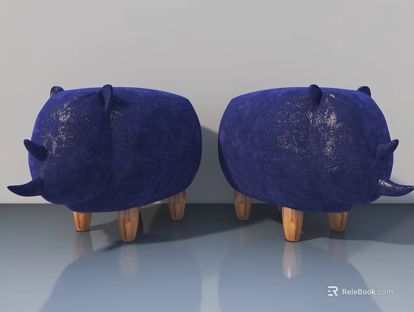 Blue Animal Shaped Velvet Stools With Wooden Legs For Home Interior Decor 3d model 